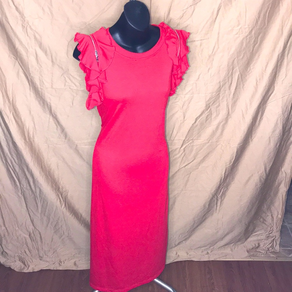 Red sleeveless Dress w/ Zipper and Ruffle Accents